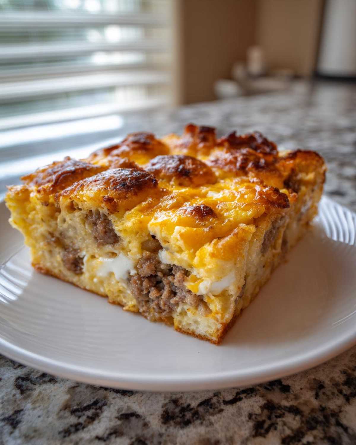 A square slice of Tater Tot Breakfast Casserole showing layers of sausage, egg, and melted cheese topping.