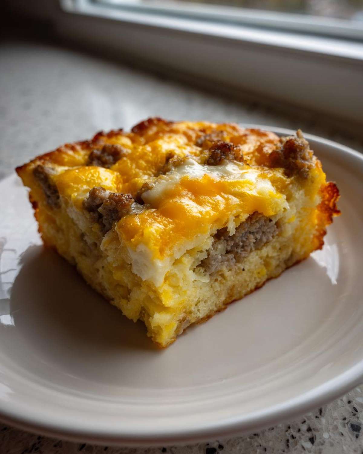 A square serving of Tater Tot Breakfast Casserole topped with melted cheddar cheese and crumbled sausage