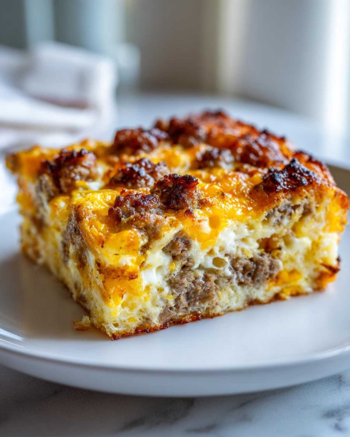 A close-up of a square slice of Tater Tot Breakfast Casserole featuring eggs, cheese, and sausage crumbles.