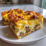 Two squares of cheesy Tater Tot Breakfast Casserole with sausage layers served on a white plate.