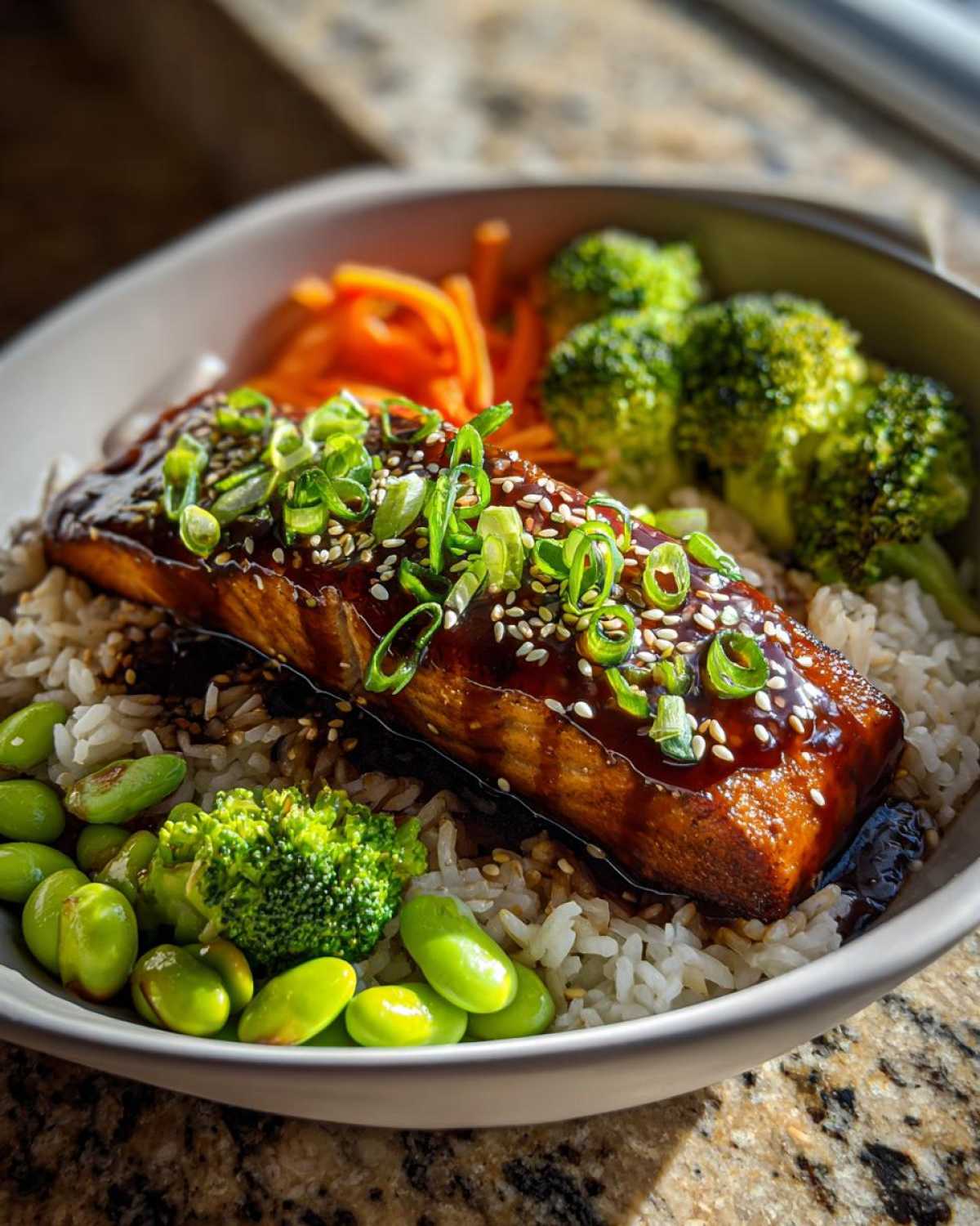 A close-up of a Teriyaki Salmon Rice Bowls featuring a glazed salmon fillet over rice with edamame, broccoli, and carrots.