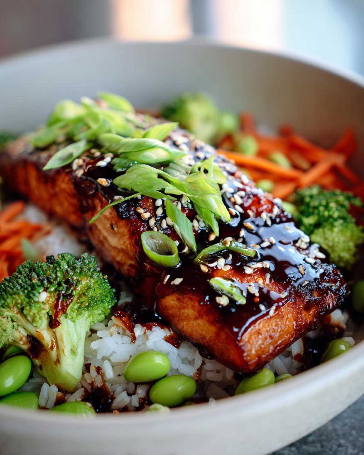 Close-up of a Teriyaki Salmon Rice Bowls featuring a glazed salmon fillet over rice, topped with scallions and sesame seeds.