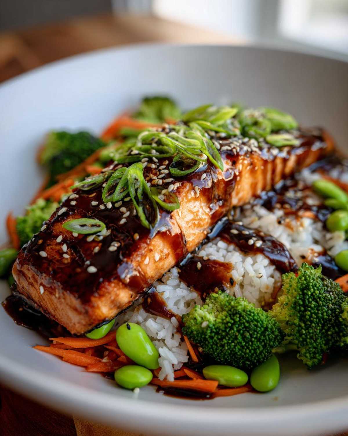Close-up of a Teriyaki Salmon Rice Bowl featuring glazed salmon over rice with broccoli, carrots, and edamame.