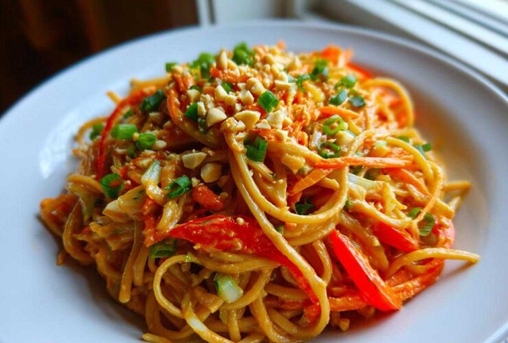 A close-up of a bowl of creamy Thai Peanut Noodles with Crunchy Veggies, topped with chopped peanuts and scallions.