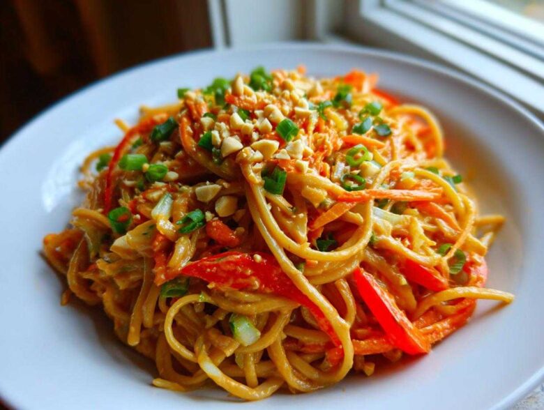 A close-up of a bowl of creamy Thai Peanut Noodles with Crunchy Veggies, topped with chopped peanuts and scallions.