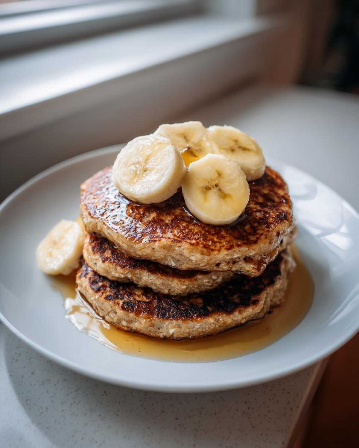 A stack of three fluffy Vegan Banana Oat Pancakes drizzled with syrup and topped with banana slices.
