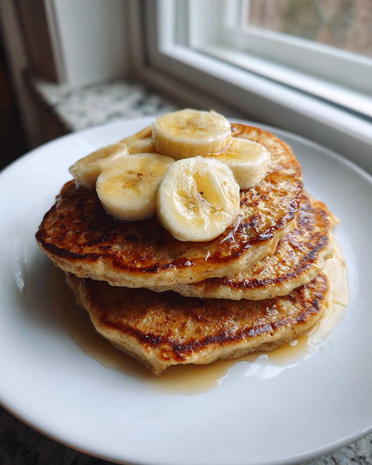 A stack of three fluffy Vegan Banana Oat Pancakes drizzled with syrup and topped with fresh banana slices.