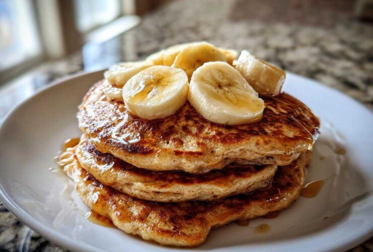 A stack of three fluffy Vegan Banana Oat Pancakes topped with sliced bananas and drizzled with syrup.