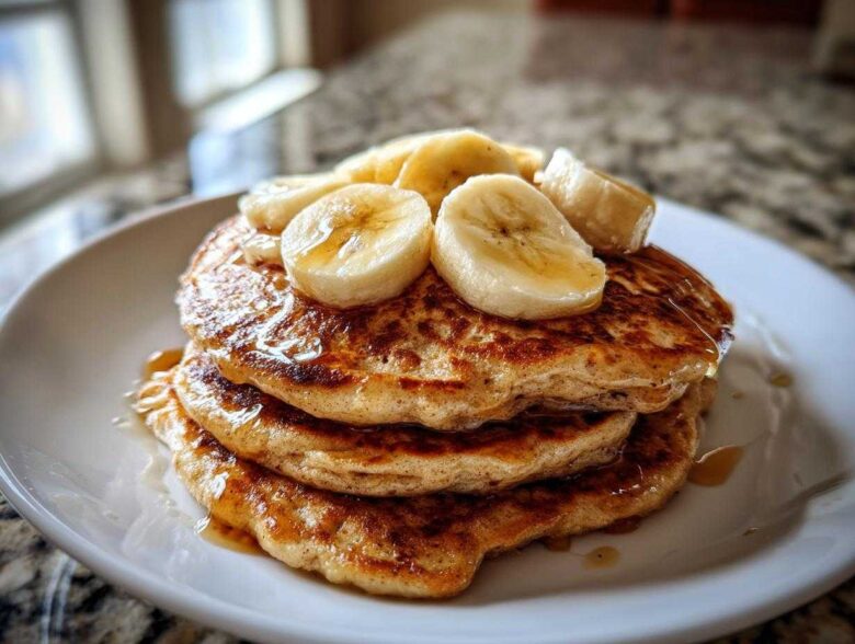 A stack of three fluffy Vegan Banana Oat Pancakes topped with sliced bananas and drizzled with syrup.