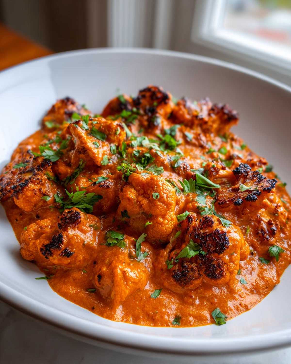 Close-up of charred cauliflower florets swimming in a rich, orange sauce, garnished with fresh cilantro, showcasing the Vegan Cauliflower Tikka Masala.