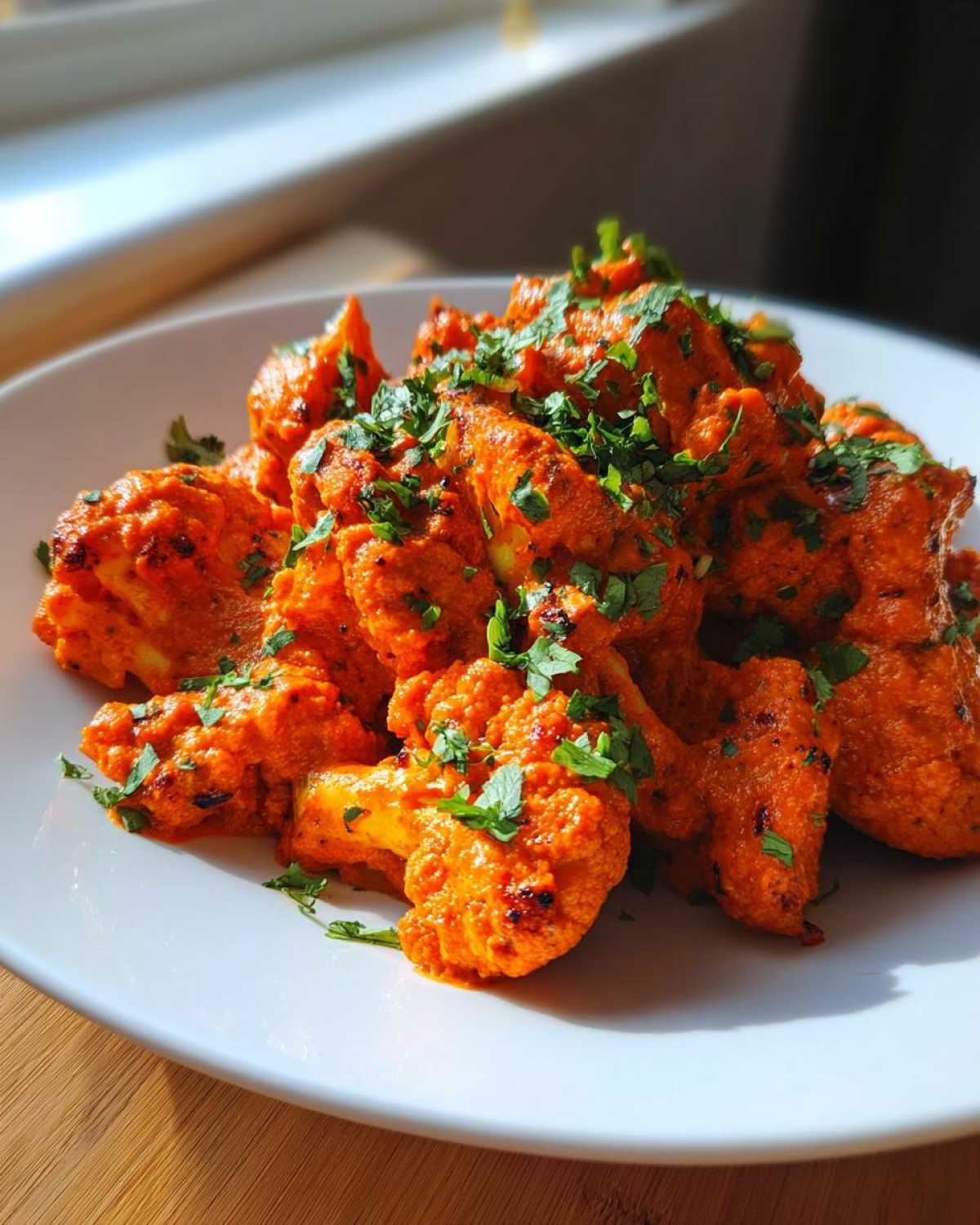Close-up of bright orange Vegan Cauliflower Tikka Masala florets garnished with fresh cilantro on a white plate.