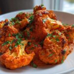 Close-up of roasted cauliflower florets covered in rich, orange Vegan Cauliflower Tikka Masala sauce, garnished with fresh cilantro.