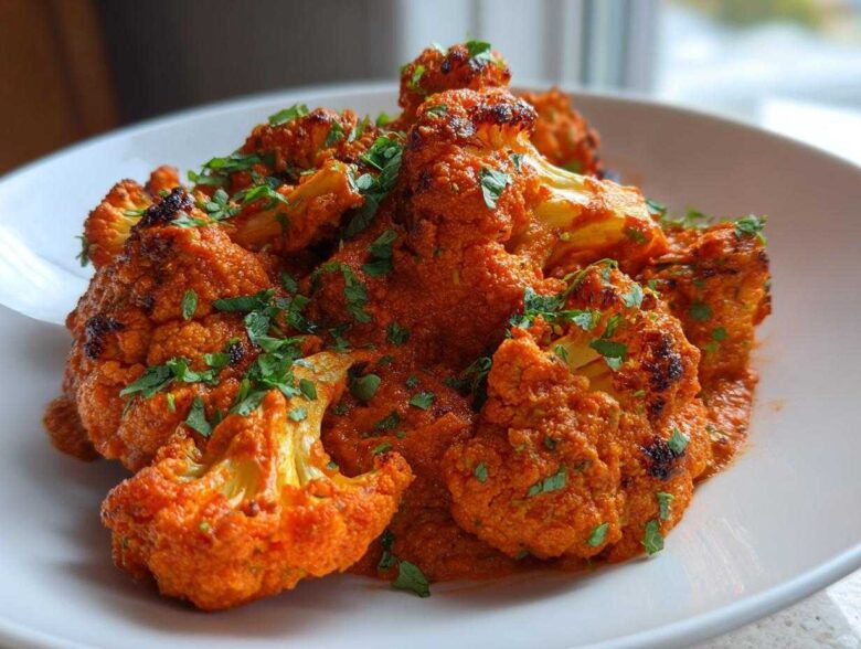 Close-up of roasted cauliflower florets covered in rich, orange Vegan Cauliflower Tikka Masala sauce, garnished with fresh cilantro.