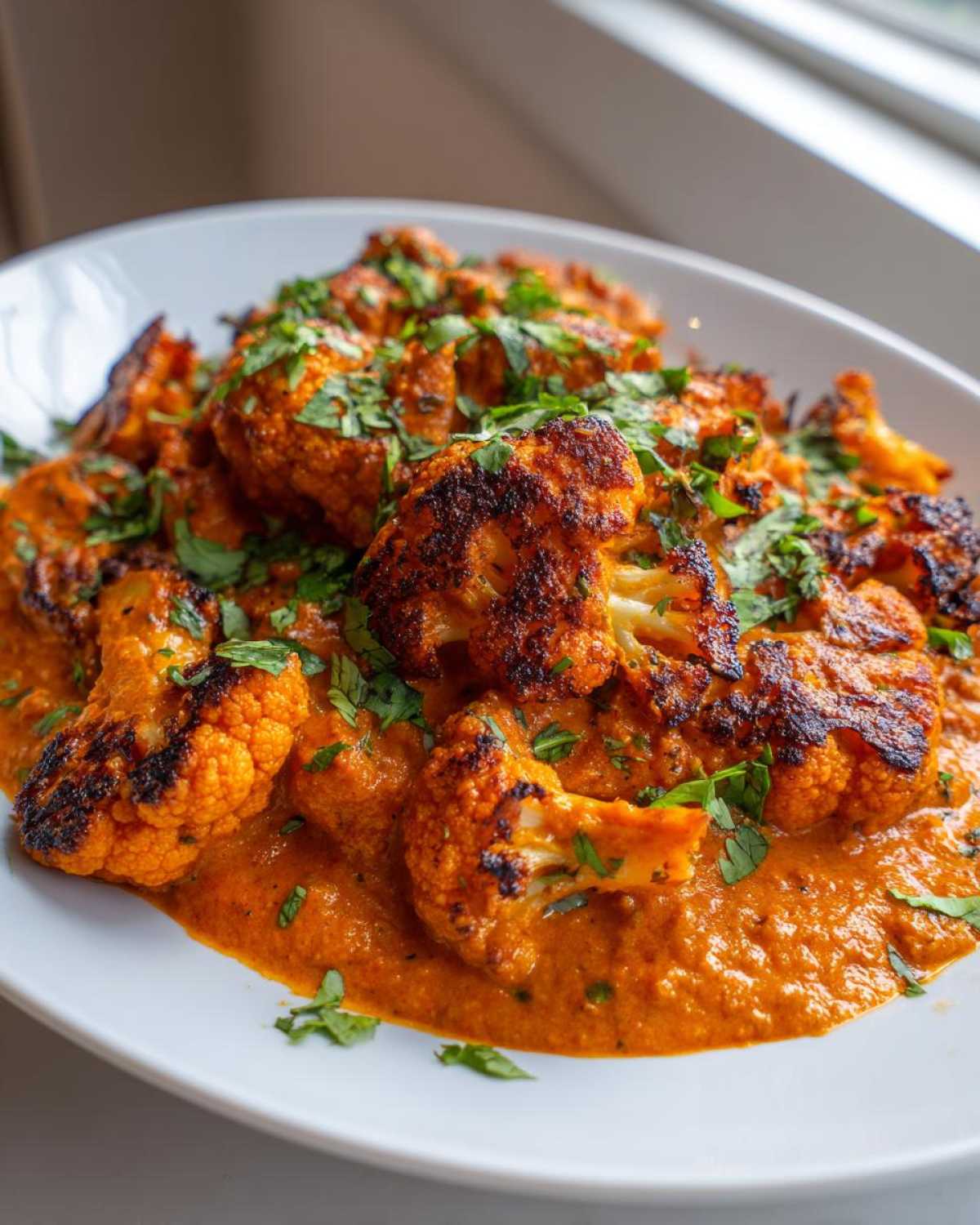 Roasted cauliflower florets smothered in rich, orange sauce, served as Vegan Cauliflower Tikka Masala and garnished with fresh cilantro.
