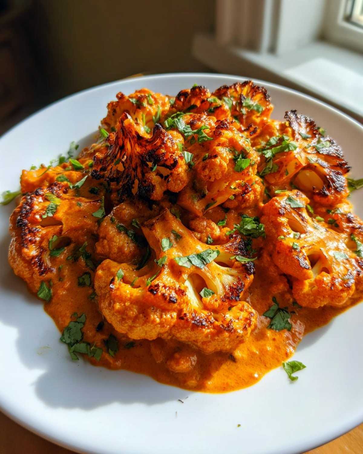 Close-up of roasted cauliflower florets smothered in rich, orange Vegan Cauliflower Tikka Masala sauce and garnished with fresh cilantro.