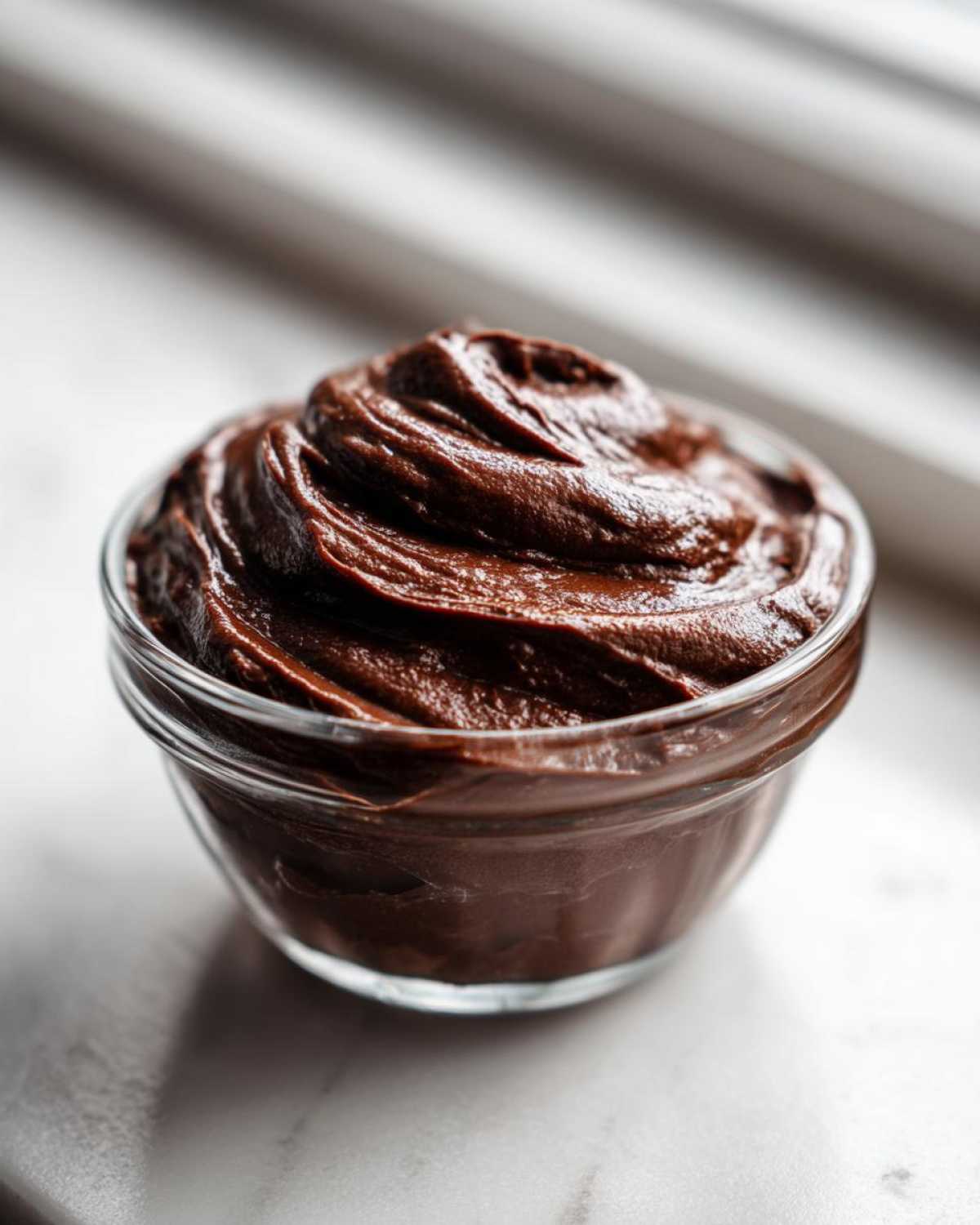 A close-up of rich, dark Vegan Chocolate Avocado Mousse swirled high in a small clear glass bowl.