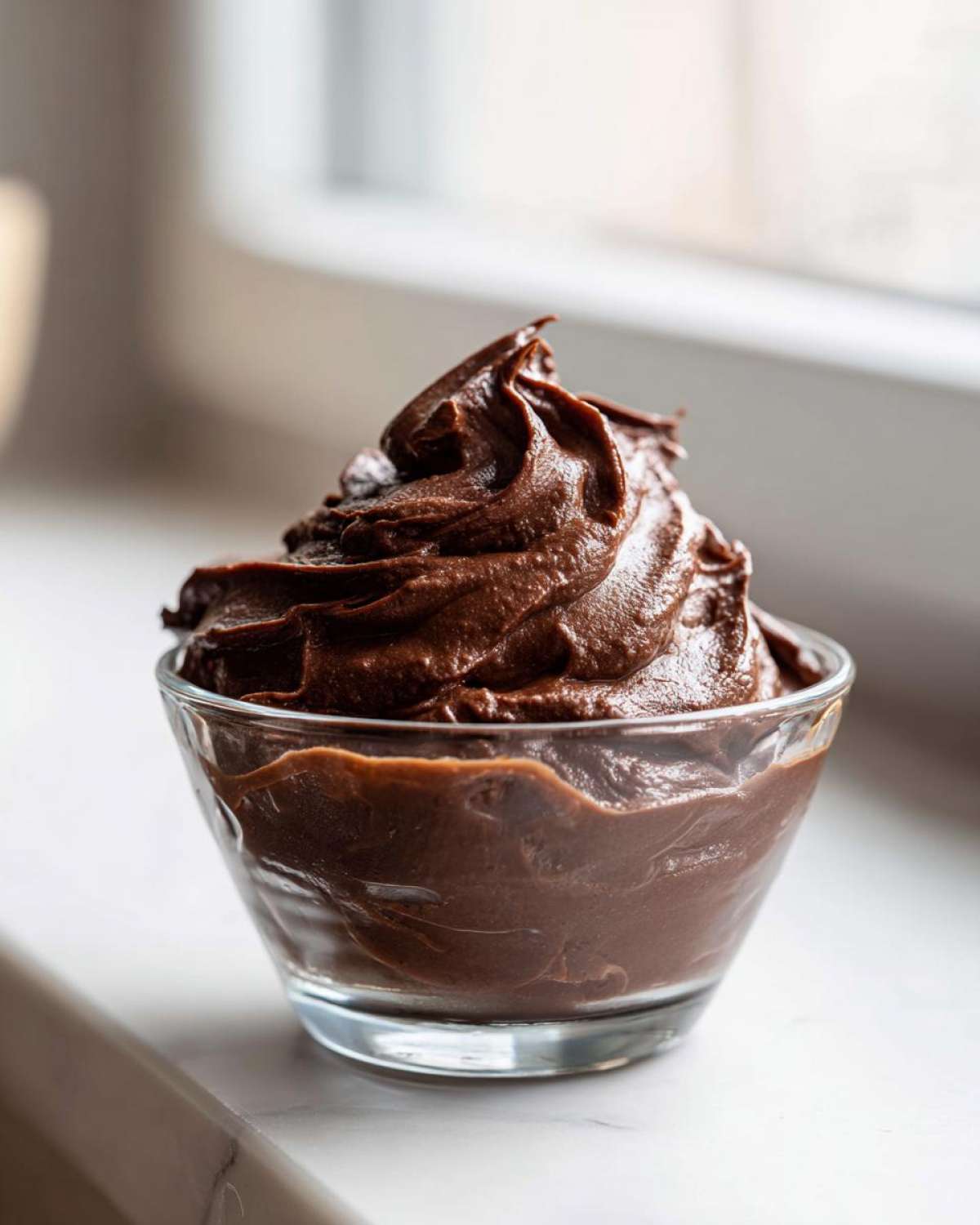 A serving of rich, dark Vegan Chocolate Avocado Mousse piped high in a small glass bowl.