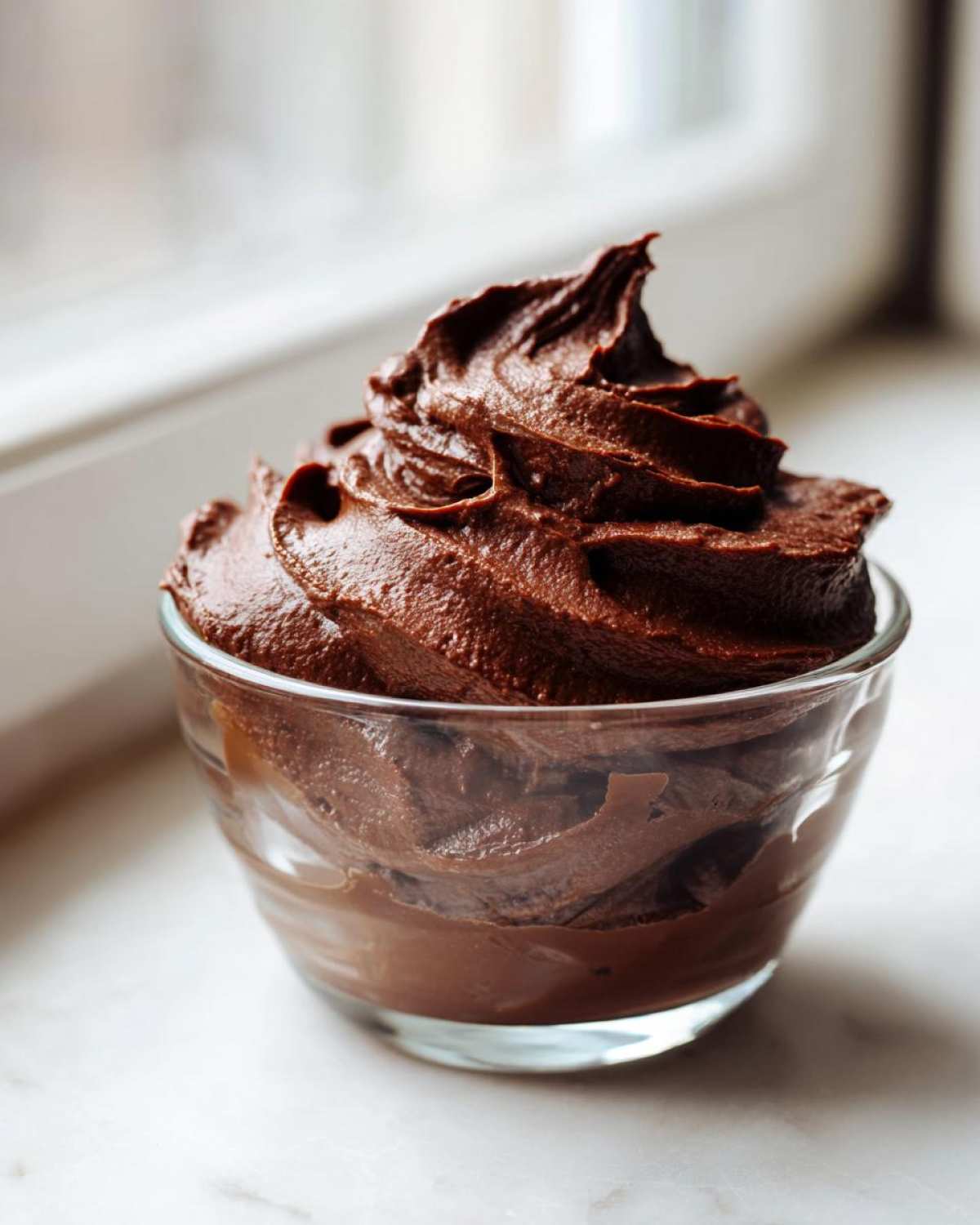 A close-up of rich, dark Vegan Chocolate Avocado Mousse piped high in a small clear glass dish.