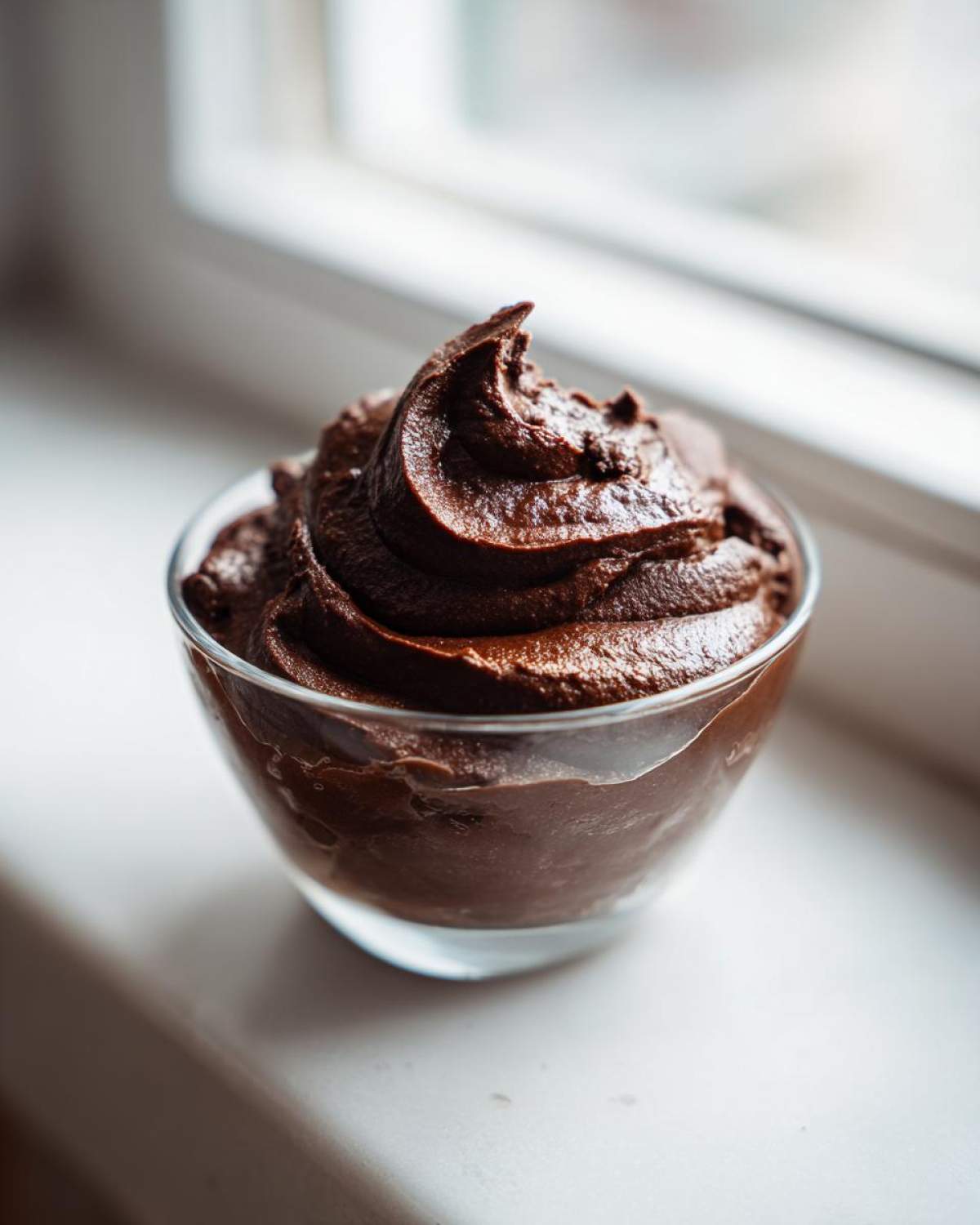 A close-up of rich, dark Vegan Chocolate Avocado Mousse piped into a small glass bowl.