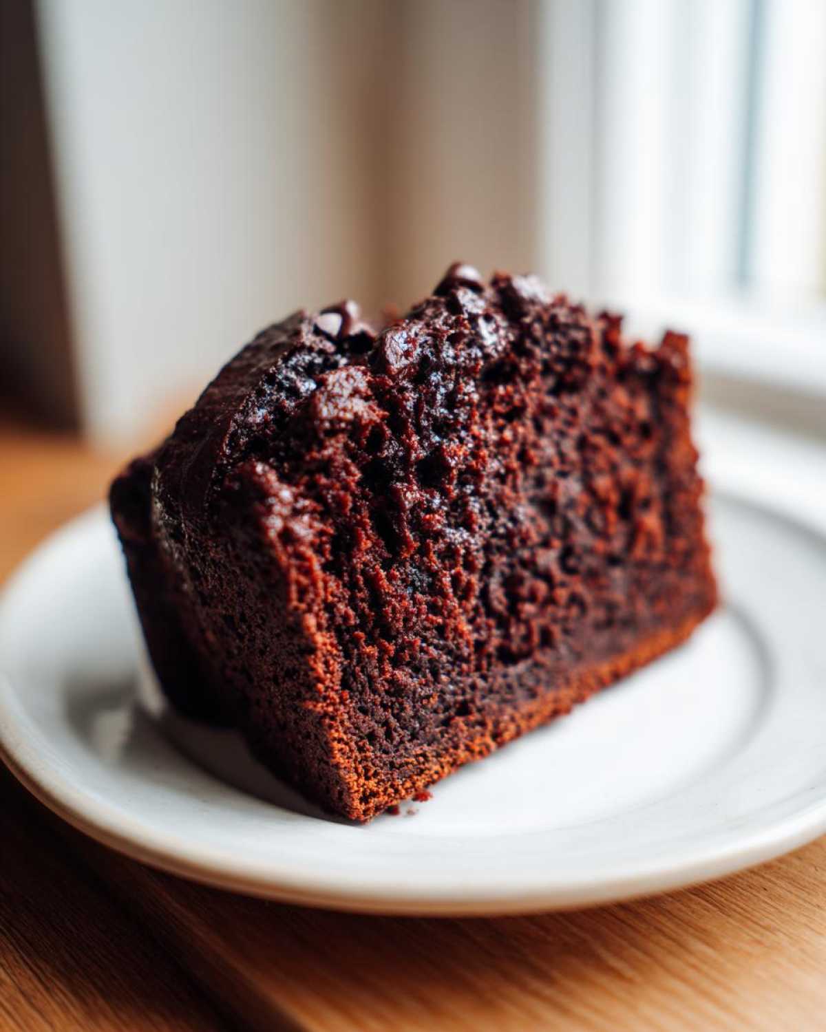 A moist, dark slice of Vegan Chocolate Banana Bread with visible chocolate chips on top, served on a white plate.