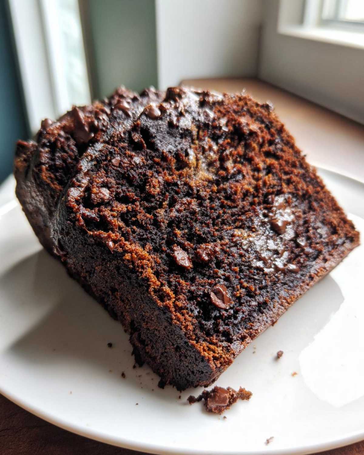 Close-up of a rich, moist slice of Vegan Chocolate Banana Bread with melted chocolate chips.