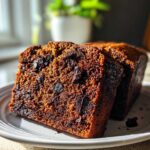 Two moist slices of Vegan Chocolate Banana Bread featuring dark chocolate chunks, served on a white plate.