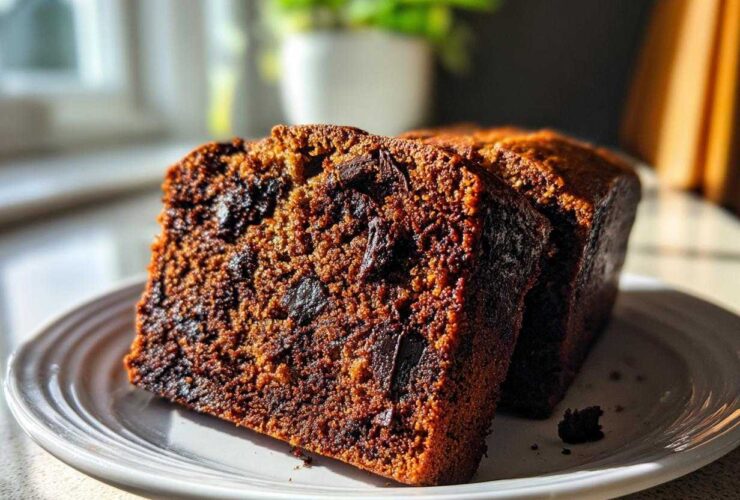 Two moist slices of Vegan Chocolate Banana Bread featuring dark chocolate chunks, served on a white plate.