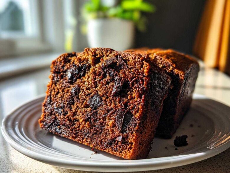 Two moist slices of Vegan Chocolate Banana Bread featuring dark chocolate chunks, served on a white plate.