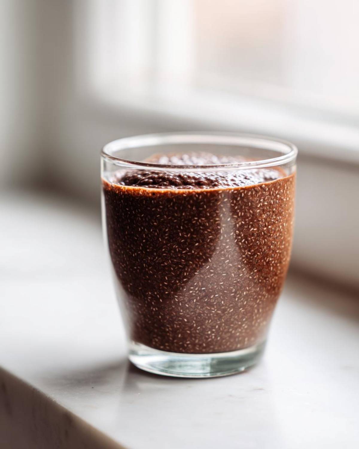 A glass filled with thick, dark Vegan Chocolate Chia Pudding showing visible chia seeds.