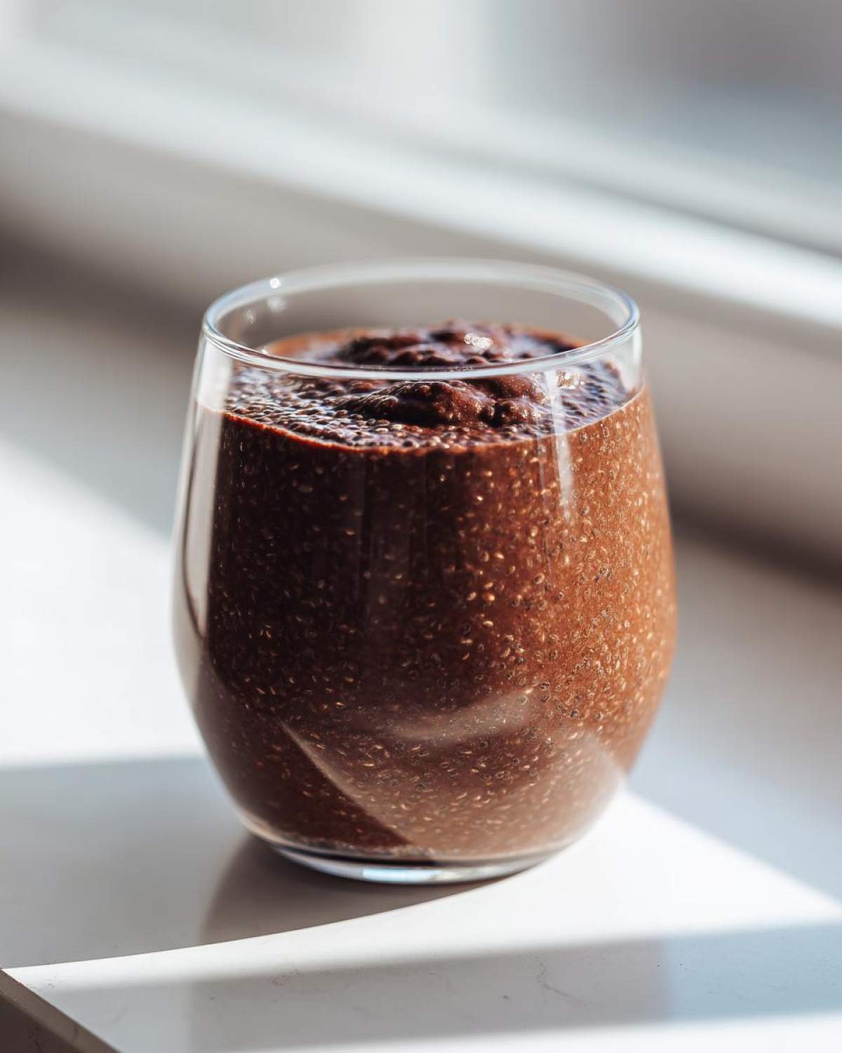 Close-up of rich Vegan Chocolate Chia Pudding in a clear glass, set against bright natural light.