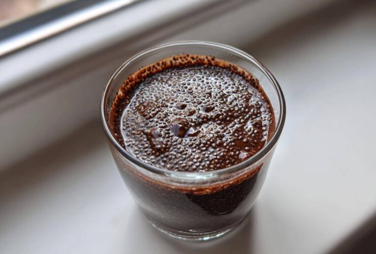 Overhead close-up of rich, dark Vegan Chocolate Chia Pudding with visible hydrated chia seeds in a clear glass.