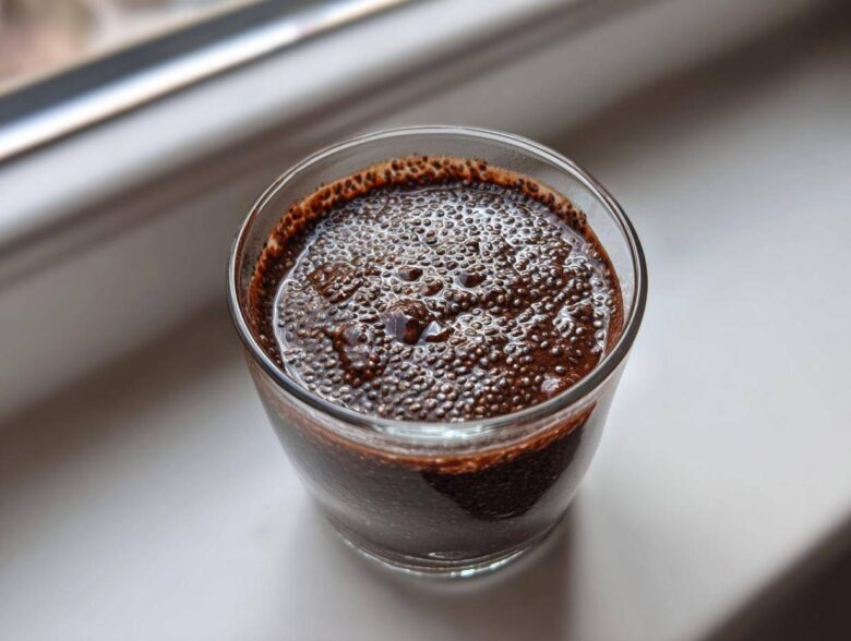 Overhead close-up of rich, dark Vegan Chocolate Chia Pudding with visible hydrated chia seeds in a clear glass.