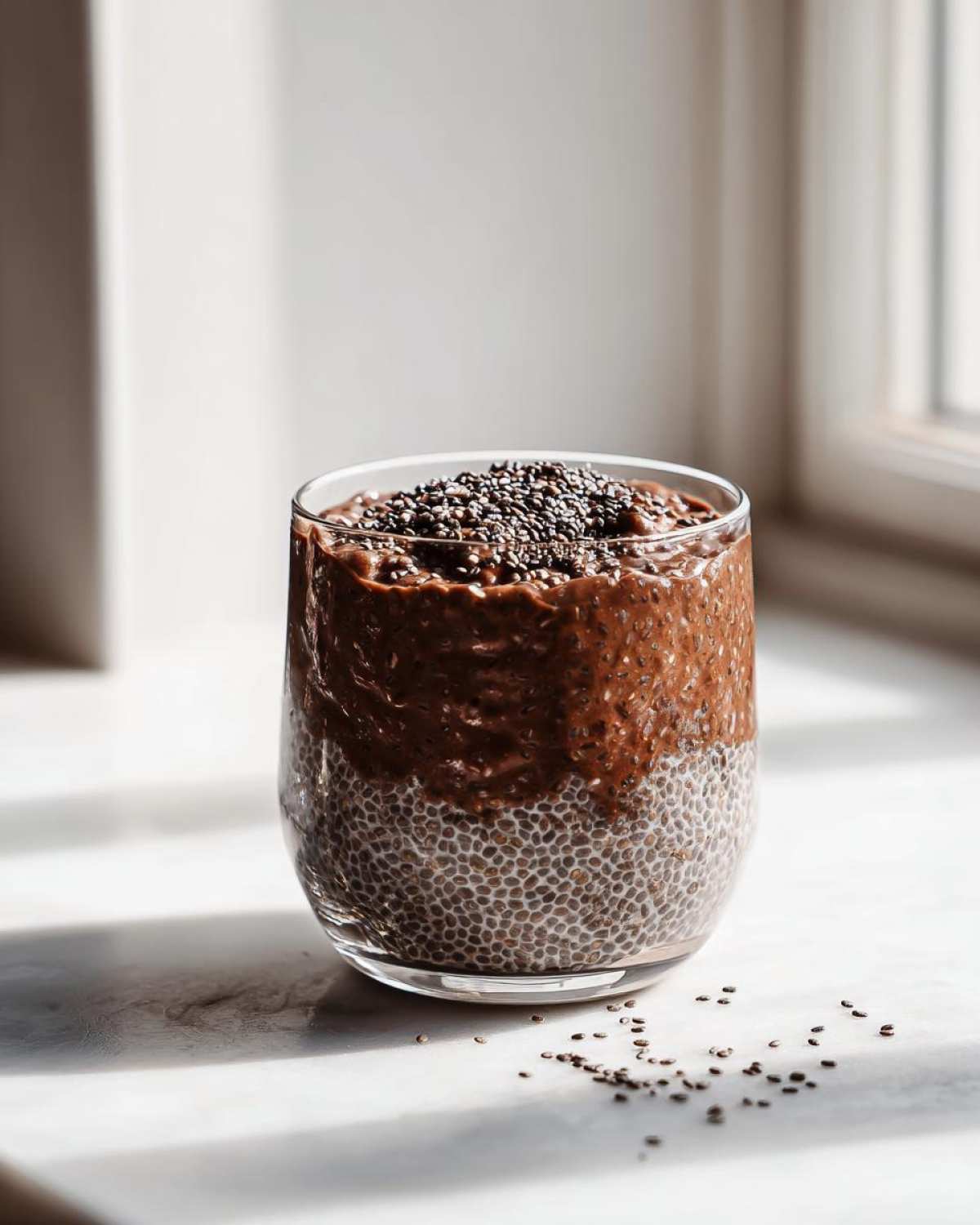 Close-up of layered Vegan Chocolate Chia Pudding showing clear base and rich chocolate top, garnished with chia seeds.