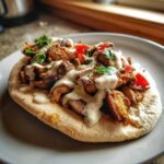 Close-up of Vegan Mushroom Shawarma served open-faced on a piece of pita bread, drizzled with white sauce.