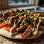 Close-up of a Vegan Mushroom Shawarma served open-faced on pita bread with tomatoes, tahini drizzle, and parsley.