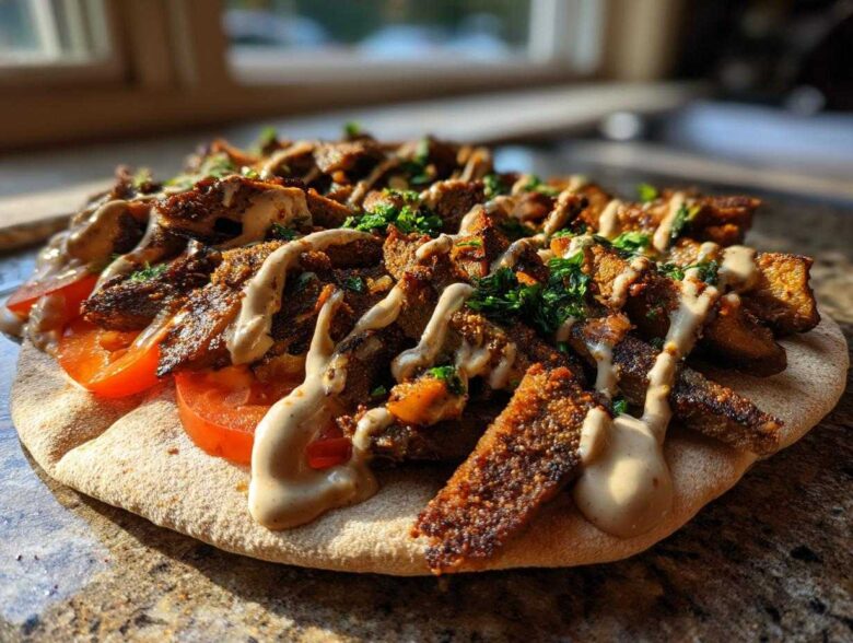 Close-up of a Vegan Mushroom Shawarma served open-faced on pita bread with tomatoes, tahini drizzle, and parsley.