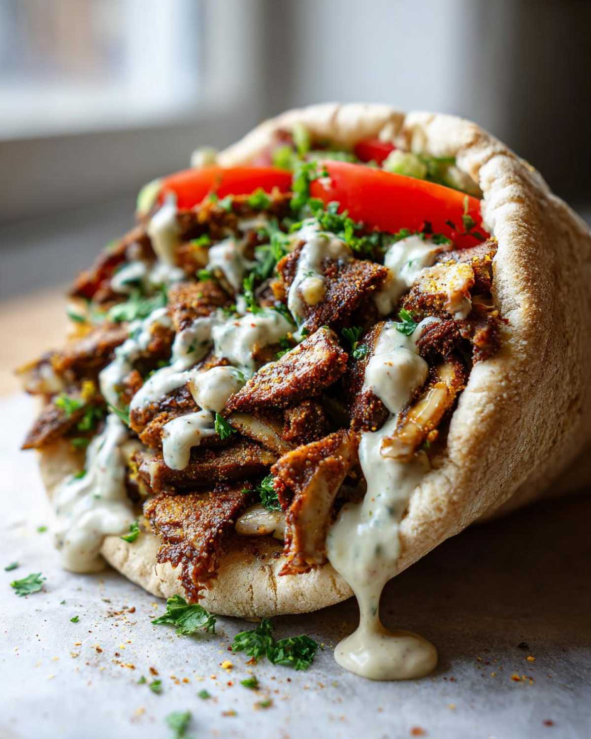 A close-up shot of a generously filled Vegan Mushroom Shawarma stuffed inside a pita pocket, drizzled with white sauce.