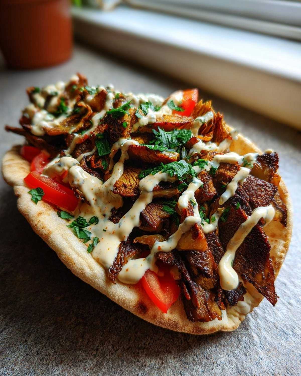 A delicious Vegan Mushroom Shawarma served open-faced on pita bread, topped with tomatoes, tahini sauce, and parsley.