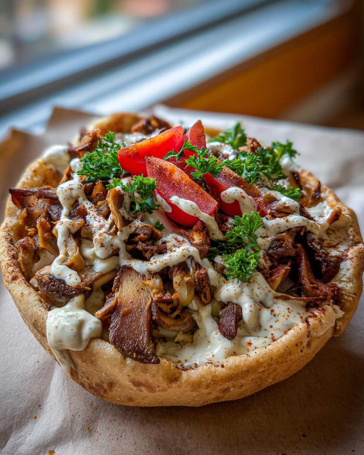 Close-up of a Vegan Mushroom Shawarma stuffed inside a thick pita bread, drizzled with white sauce and topped with tomatoes and parsley.