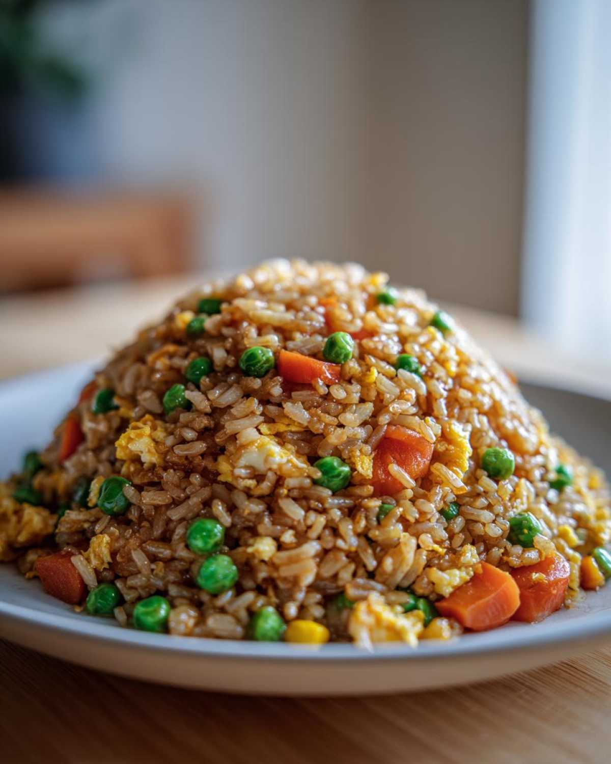 A mound of savory Vegetable Fried Rice with peas, diced carrots, and scrambled egg served on a white plate.