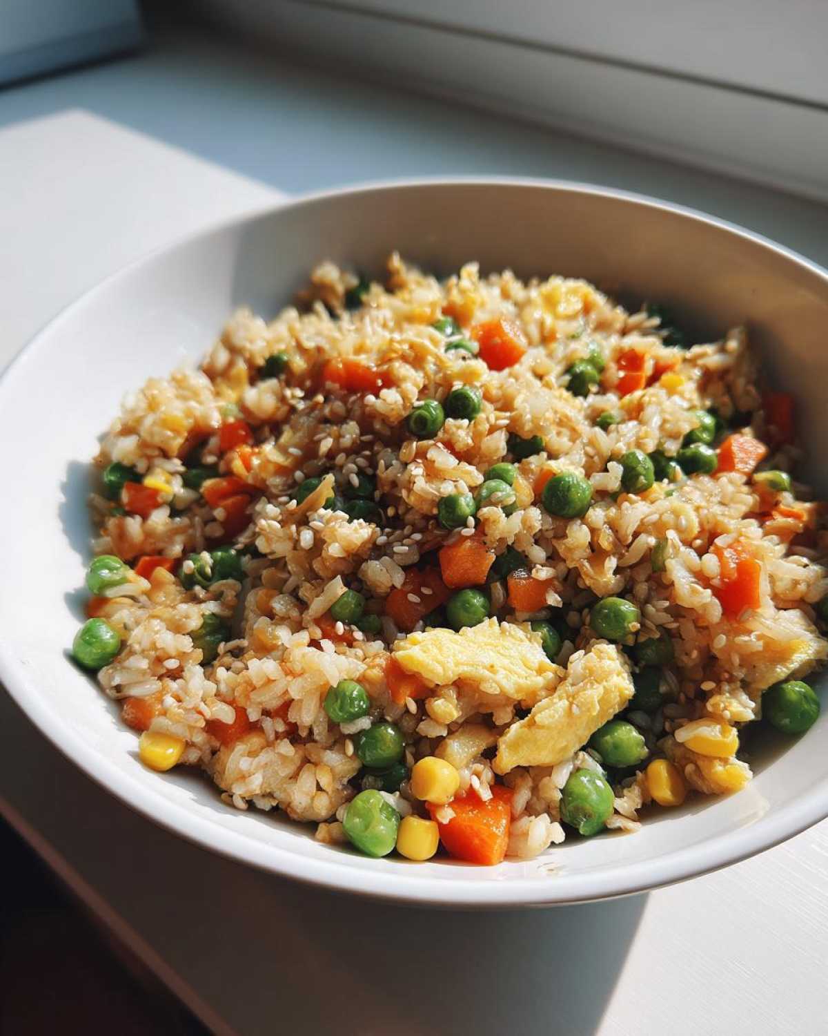 Close-up of Vegetable Fried Rice with peas, carrots, corn, egg, and sesame seeds in a white bowl.