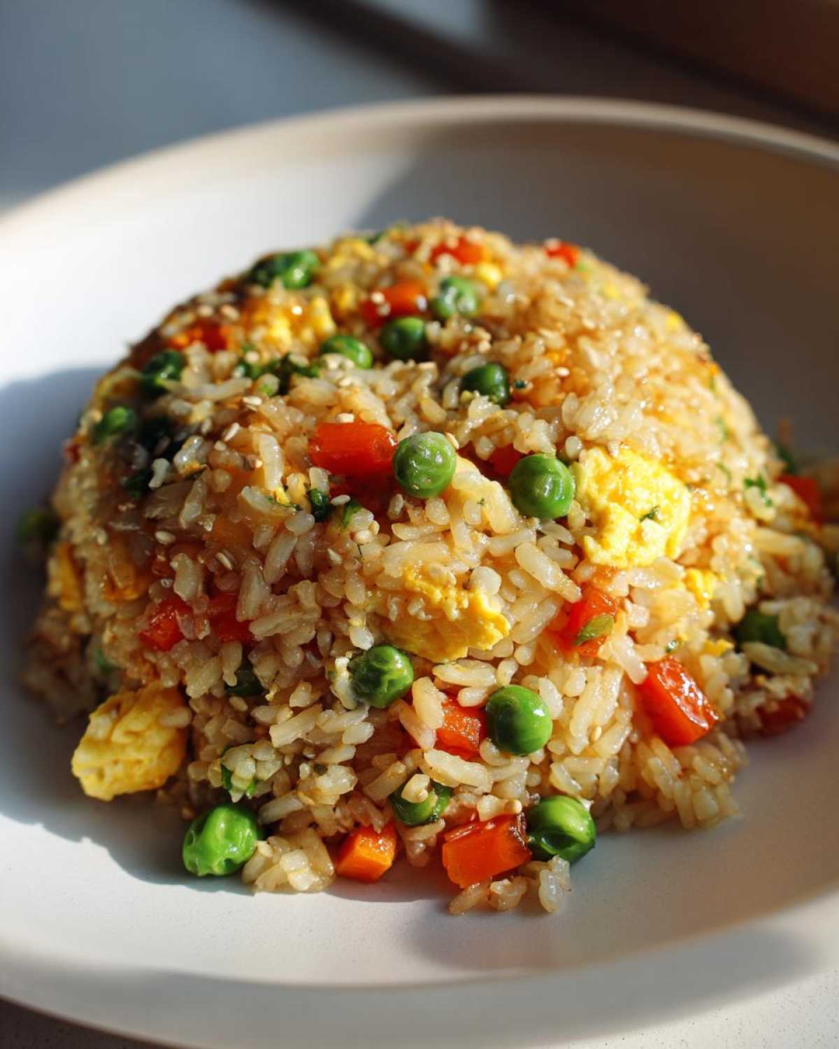 A close-up of a perfectly mounded serving of Vegetable Fried Rice with peas, carrots, and scrambled egg, sprinkled with sesame seeds.