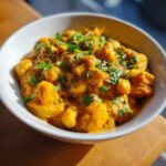 A close-up, appetizing shot of Vegetarian Chickpea Curry with Coconut Milk, garnished with fresh cilantro.