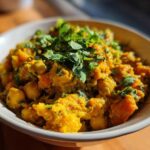 Close-up of a bowl of vibrant orange Vegetarian Chickpea Curry with Coconut Milk, topped with fresh cilantro.