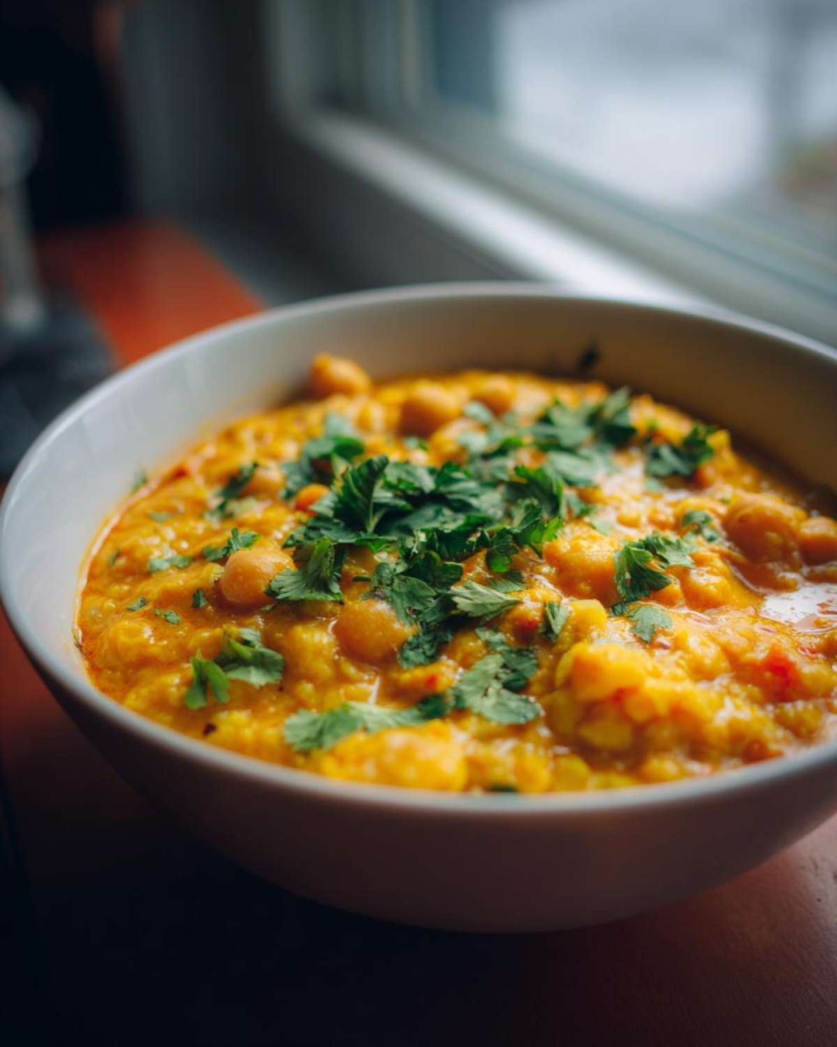A close-up of a creamy, orange-yellow Vegetarian Chickpea Curry with Coconut Milk, garnished heavily with fresh cilantro.