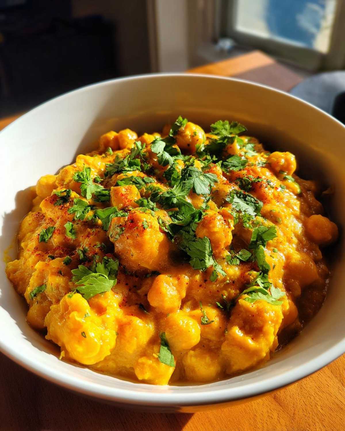 Close-up of a vibrant bowl of Vegetarian Chickpea Curry with Coconut Milk, garnished with fresh cilantro.