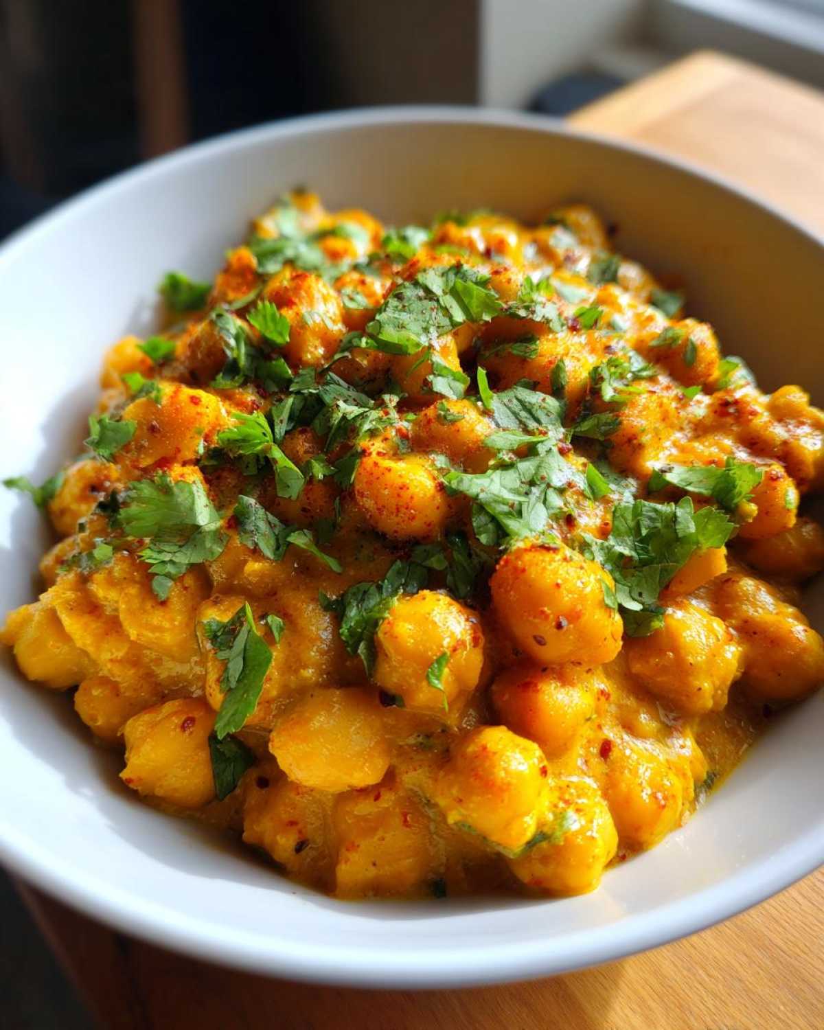 A close-up of a white bowl filled with rich, yellow Vegetarian Chickpea Curry with Coconut Milk, topped with fresh cilantro.
