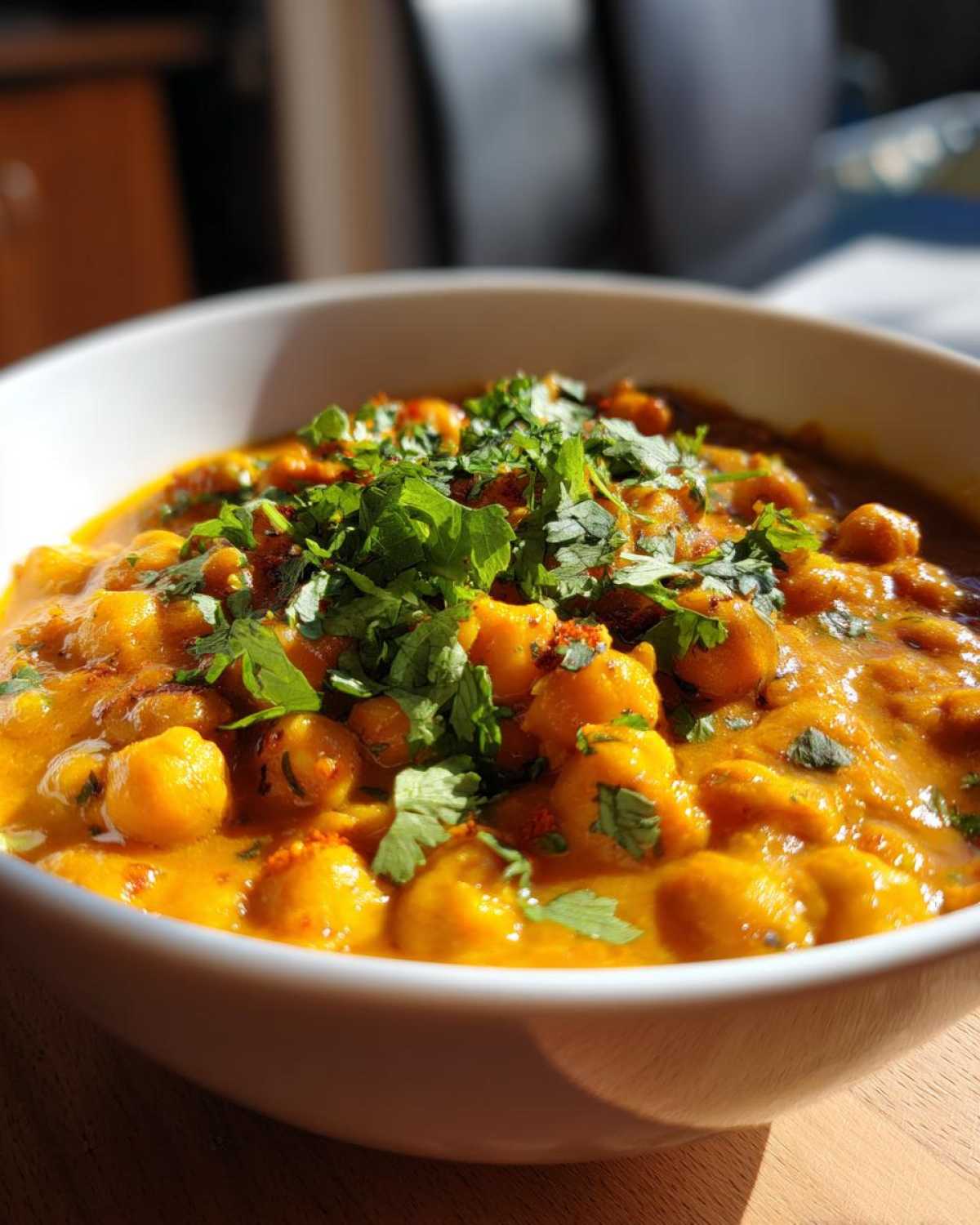 A vibrant bowl of Vegetarian Chickpea Curry with Coconut Milk, topped generously with fresh cilantro.
