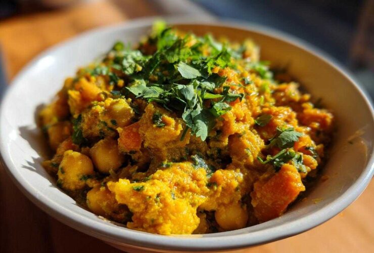 Close-up of a bowl of vibrant orange Vegetarian Chickpea Curry with Coconut Milk, topped with fresh cilantro.