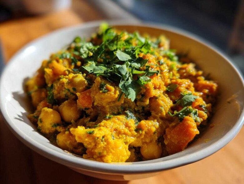 Close-up of a bowl of vibrant orange Vegetarian Chickpea Curry with Coconut Milk, topped with fresh cilantro.